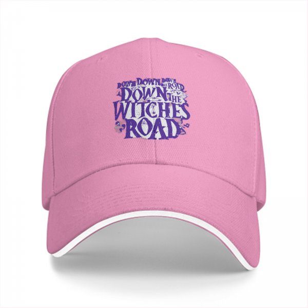 Black baseball cap with 'Down the Witches Road' Halloween themed print