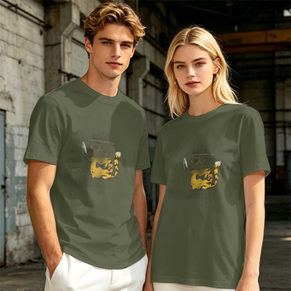 Olive T-Shirt With Whimsical Cat Fish Hybrid Graphic