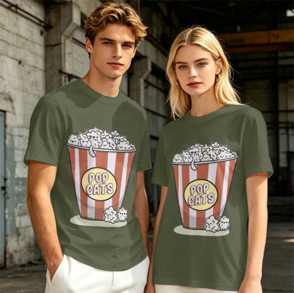 Olive T-Shirt With Pop Cats Popcorn Bucket Graphic