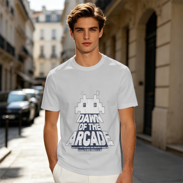 Olive T-Shirt with Retro Arcade Space Invader Graphic and Dawn of the Arcade Text