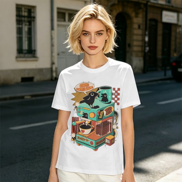 Strong Coffee Club Crow Espresso Machine T-Shirt Art