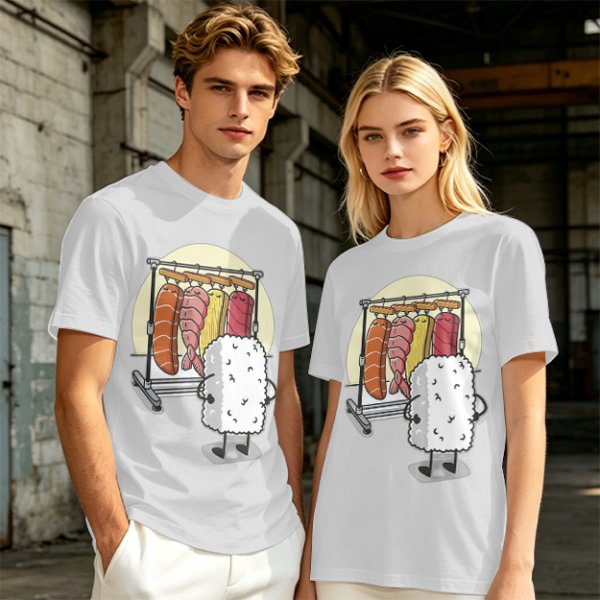Olive T-Shirt With Funny Sushi Laundry Rack Graphic