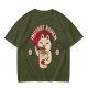 Olive green t-shirt with a cartoon cat eating instant ramen