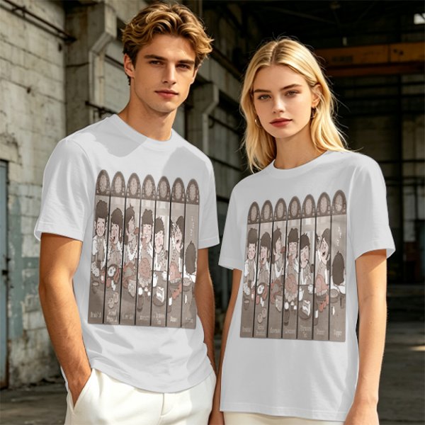 Olive Green T-Shirt with Cartoon Medieval Tavern Scene Print