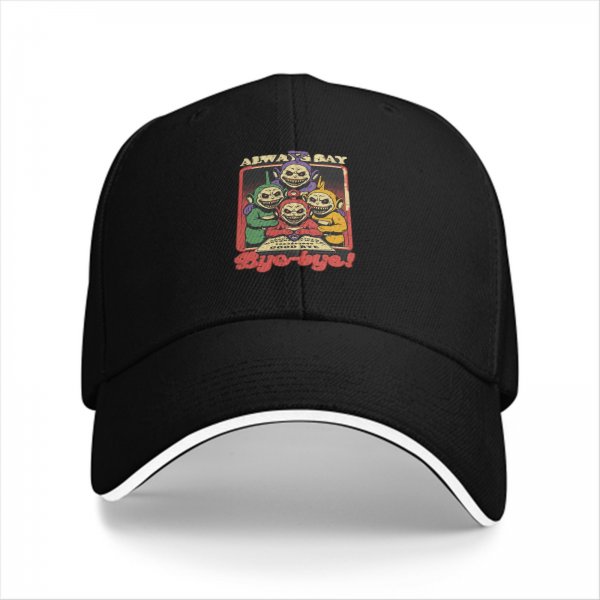 Black baseball cap with creepy Teletubbies 'Always Say Bye-bye' print