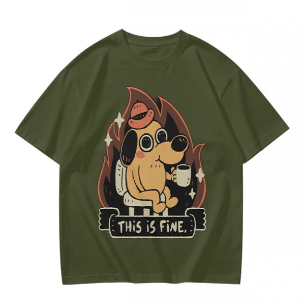 Olive T-Shirt Featuring the 'This Is Fine' Dog in Flames Holding Coffee