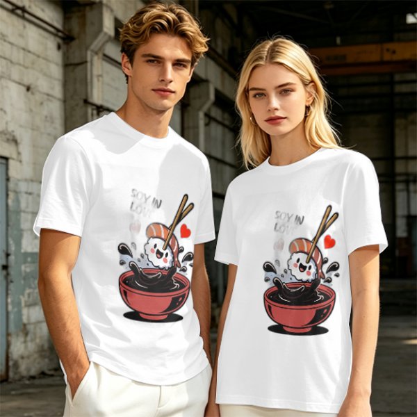 Olive T-shirt with Cute Sushi Dipping in Soy Sauce Graphic