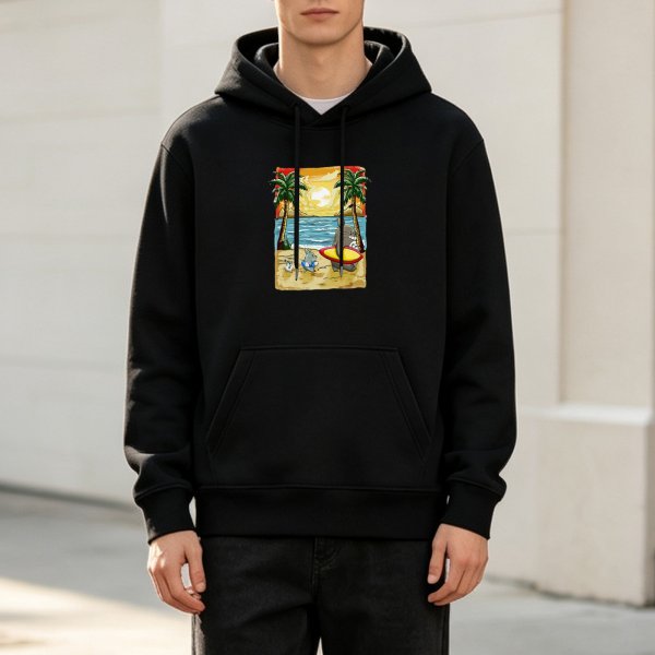 Black Hoodie with Beach Sunset Surfing Animal Graphic Print