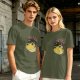 Olive green t-shirt with space frog graphic and Houston text