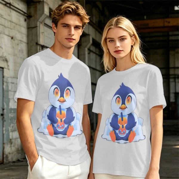 Olive T-shirt with Cute Penguin Drinking Boba Tea Print