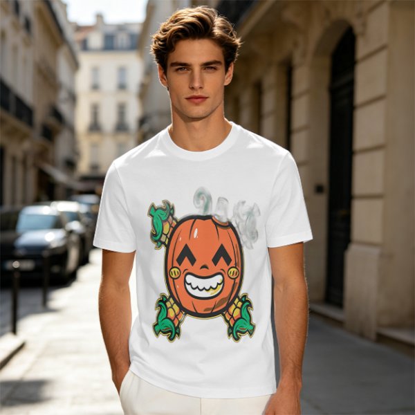 Olive T-Shirt with Smiling Pumpkin Corn Crossbones Graphic