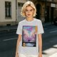 Olive T-shirt with Cyberpunk City Bridge Character Art Print