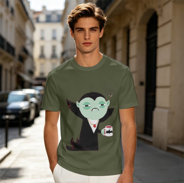 Olive T-Shirt With Tired Vampire Holding Bat Mug Graphic