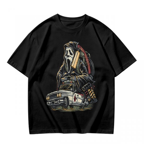 Olive T-shirt with Ghostface driving a Ghostbusters-style car graphic