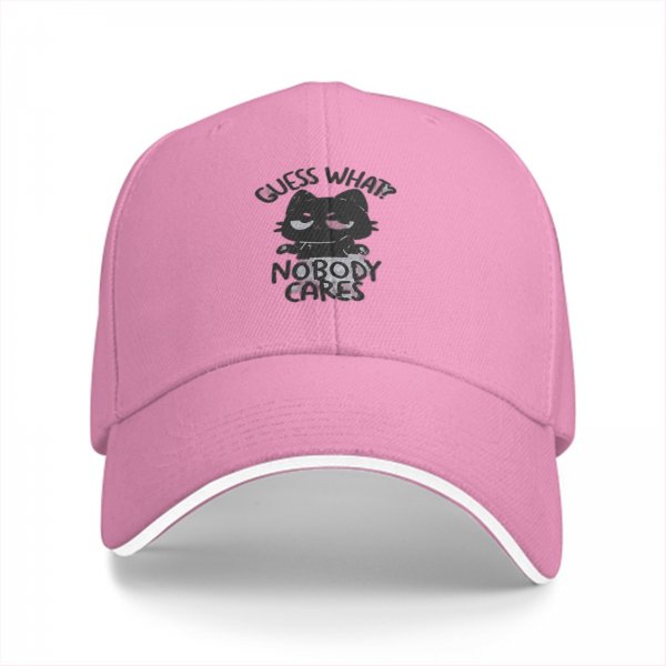 Black baseball cap with 'Guess What Nobody Cares' cat graphic