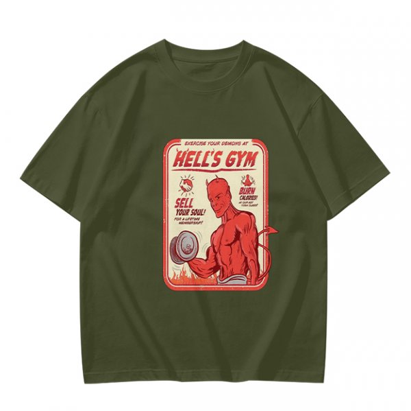 Olive T-shirt with Hell's Gym Devil Lifting Dumbbell Graphic