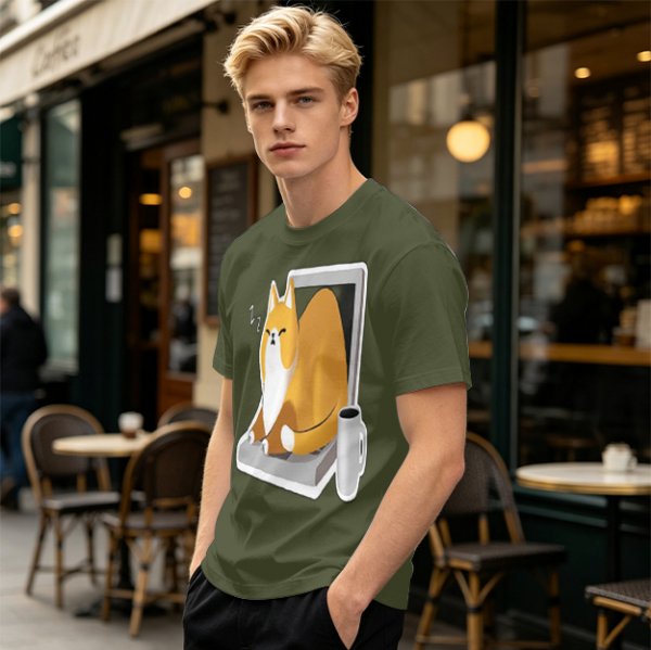 Olive T-Shirt with a Sleeping Cat on a Laptop Print
