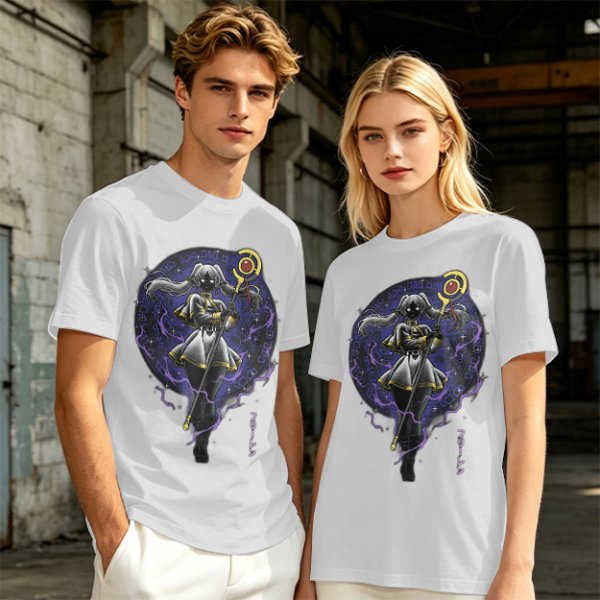 Olive T-shirt with dark anime elf mage holding staff and purple magic circle print