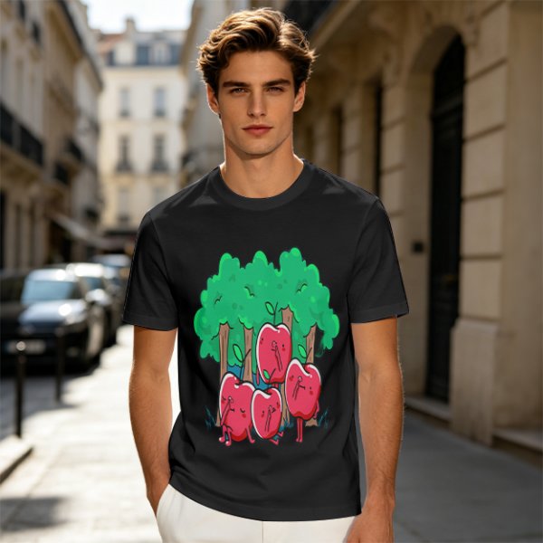 Olive T-Shirt With Cartoon Anthropomorphic Apples In Forest Print