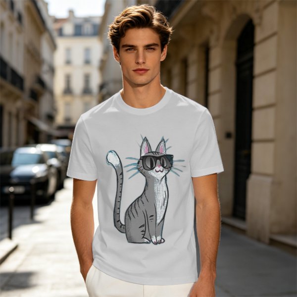 Olive T-Shirt With Cool Gray Cat Wearing Sunglasses Print
