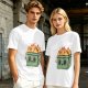 Olive green t-shirt with a cartoon burning box graphic