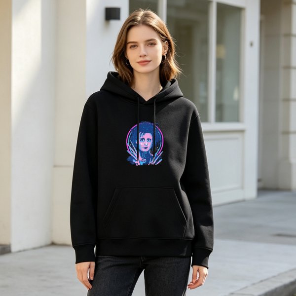 Black hoodie with neon gothic character graphic print