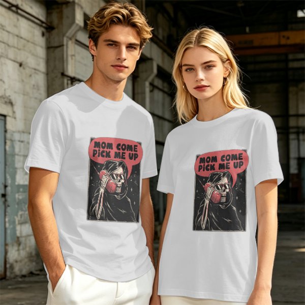Olive Graphic T-Shirt With Grim Reaper 'Mom Come Pick Me Up' Print