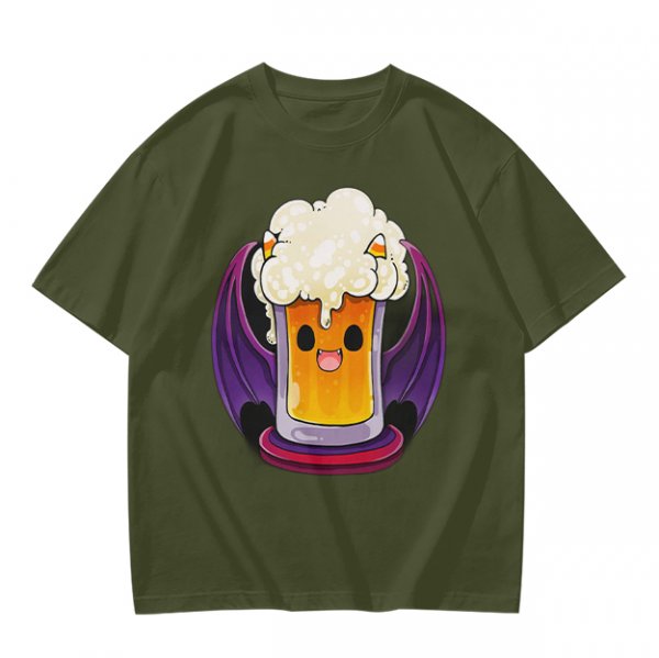 Halloween vampire beer graphic olive green casual t-shirt