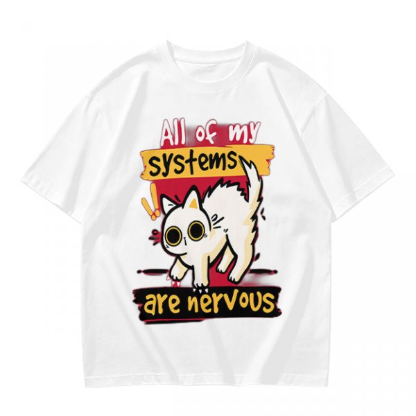 Olive graphic t-shirt with nervous white cat and 'All of my systems are nervous' text