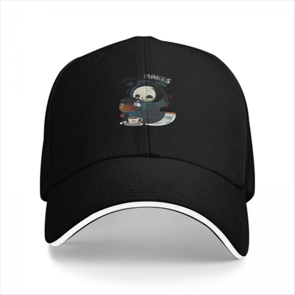 Black Baseball Cap With Cute Grim Reaper Coffee Graphic