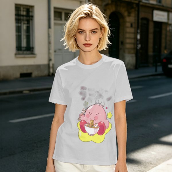 Olive T-shirt Featuring Kirby Eating Ramen on a Warp Star