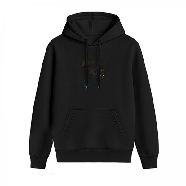 Black graphic hoodie with small cat and star print