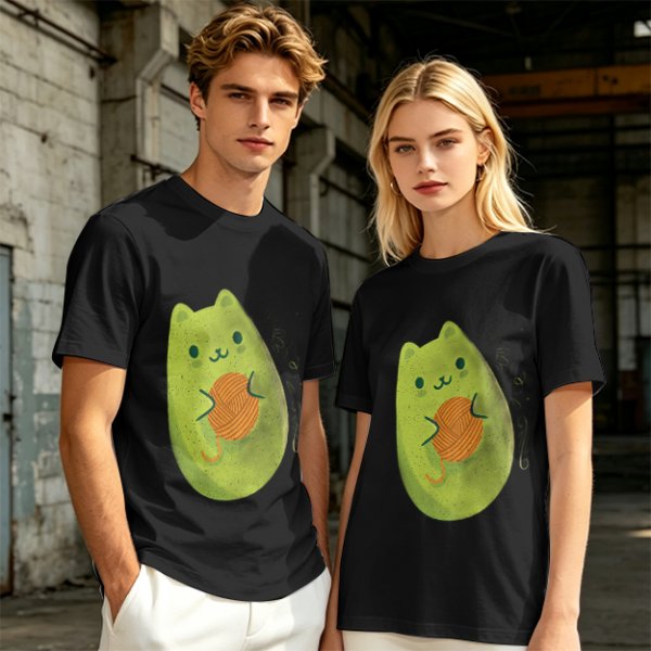 Olive Green T-Shirt With Cute Avocado Cat Holding Yarn Ball Print