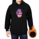 Black hoodie with colorful fantasy creature and traveler silhouette print