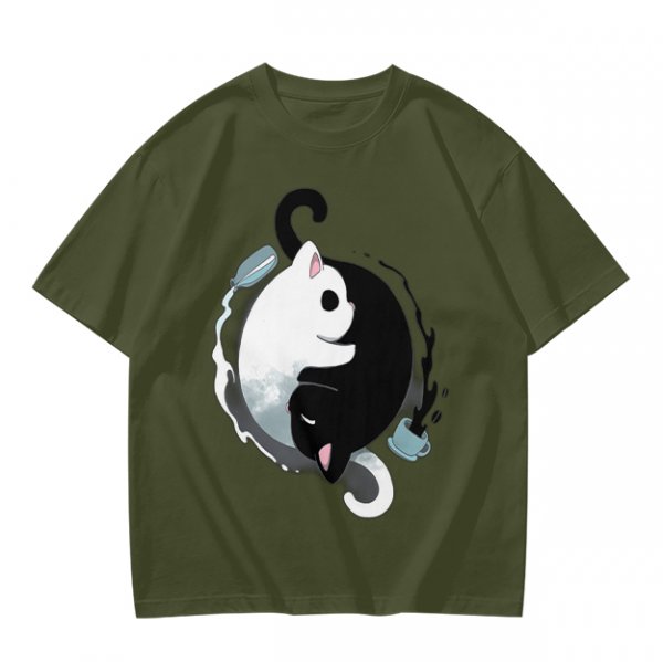 Olive T-Shirt with Yin Yang Cats and Spilled Coffee Cups Print