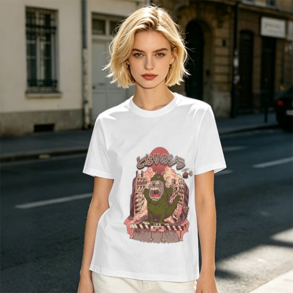 Olive T-shirt with parody monster anime graphic print