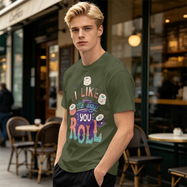 Olive T-Shirt With Cute Sushi Graphic and 'I Like The Way You Roll' Text