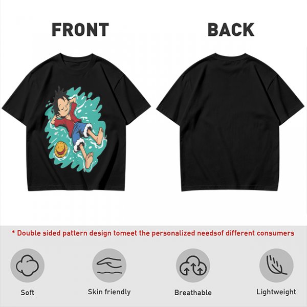Olive anime t-shirt with Luffy relaxing in water print