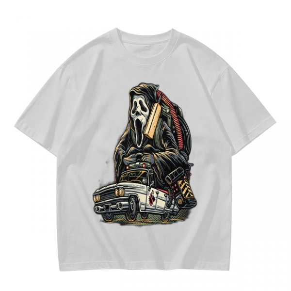 Olive T-shirt with Ghostface driving a Ghostbusters-style car graphic