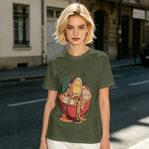Olive T-Shirt With Cute Ramen Bowl Graphic Print