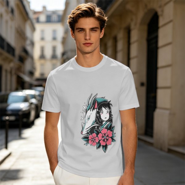 Olive T-shirt with Spirited Away Haku and Chihiro Anime Art Print