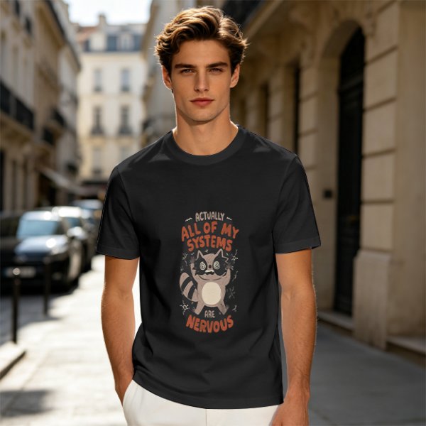 Olive graphic t-shirt with nervous raccoon and 'all of my systems nervous' text