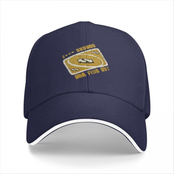 Black baseball cap with 'F*** Around And Find Out' Uno reverse card graphic