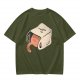Olive T-Shirt With Whimsical Cat Mug Graphic Print