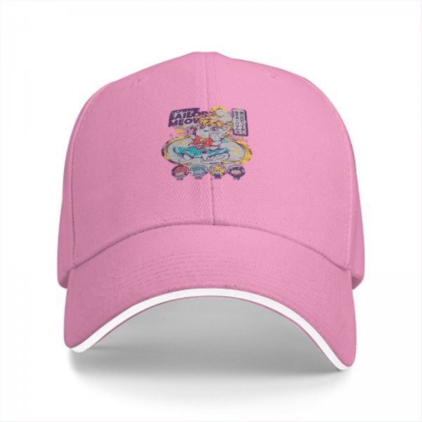 Black baseball cap with Sailor Moon inspired cat graphic print