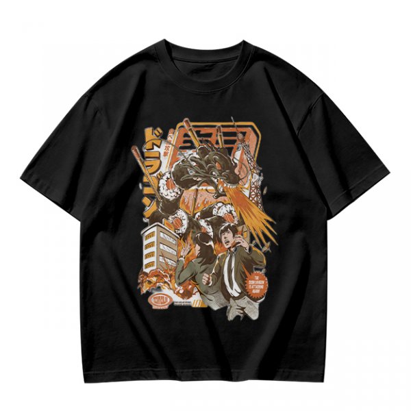 Olive green anime graphic t-shirt with monster and city scene