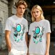 Olive T-Shirt with Astronaut Cat and Fish Graphic Print