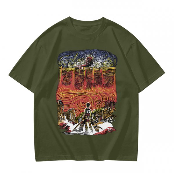 Olive T-shirt with Artistic Swirling Scene Print Featuring a Silhouetted Figure
