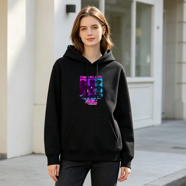 Black hoodie with neon cyberpunk girl squad graphic print
