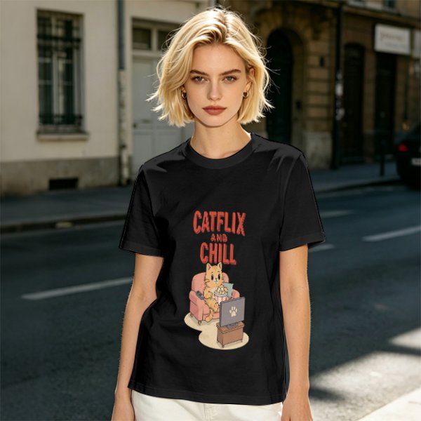 Catflix and Chill Orange Cat Watching TV Graphic T-Shirt